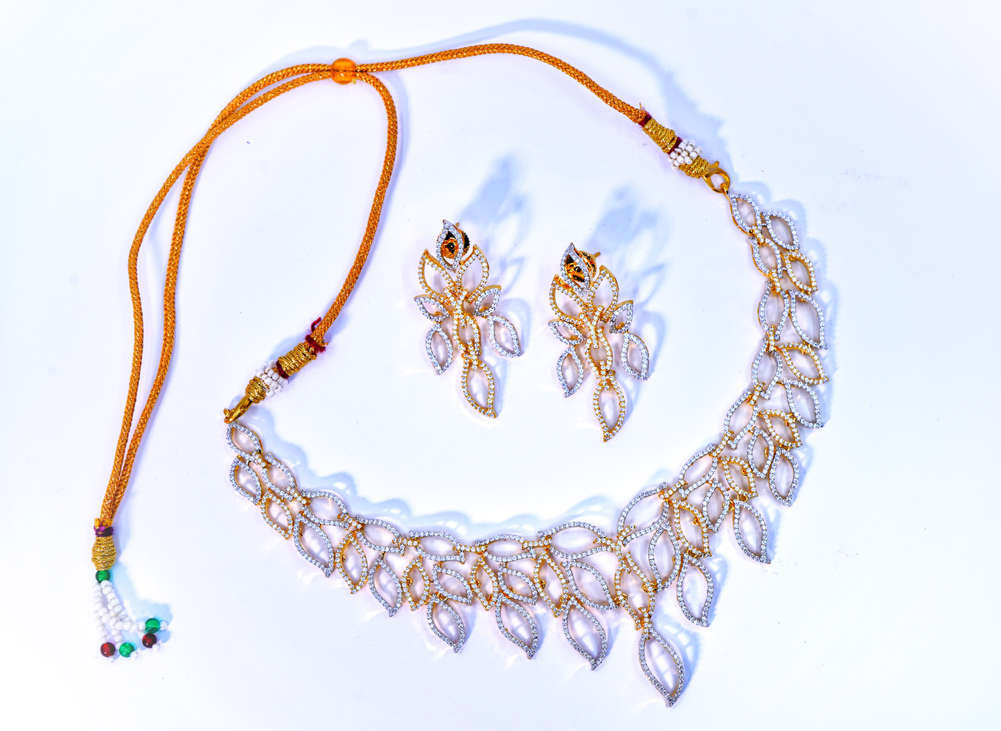 Beautiful CZ Leaves Designer Necklace set - Chaandi Rivaaz