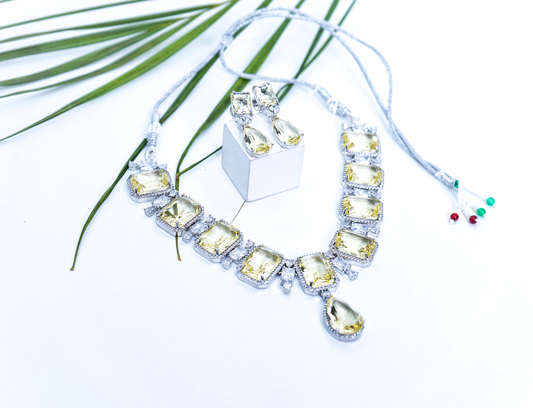Yellow crystal CZ Designer Necklace set - Chaandi Rivaaz