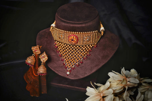 V Shaped Jaal floral Designer choker set - Chaandi Rivaaz