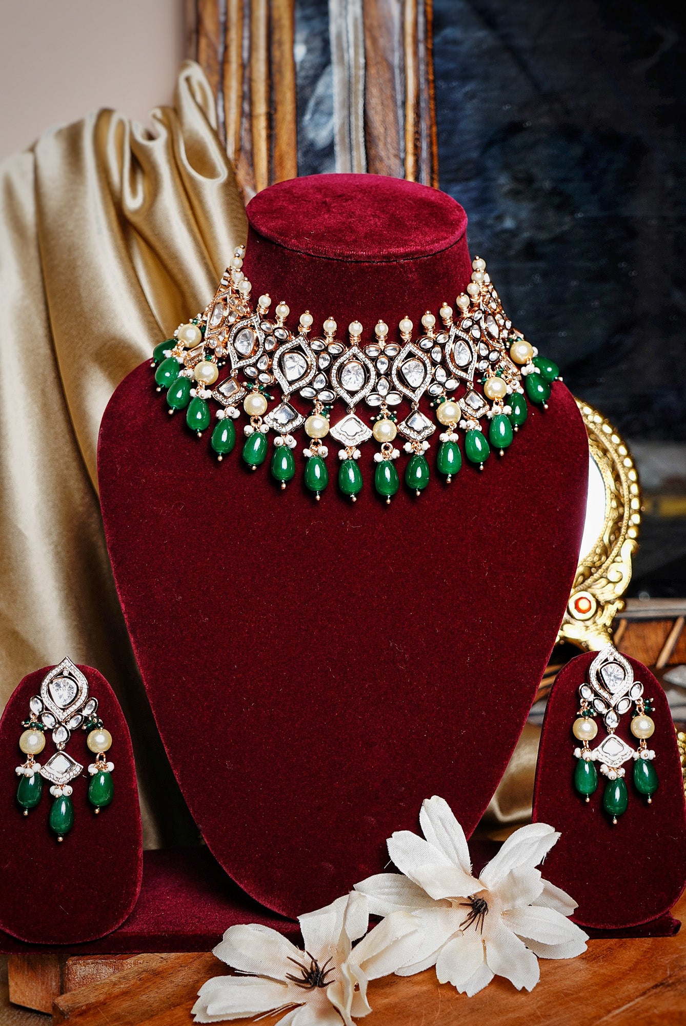 Preety’s Emerald Polki Necklace set - Chaandi Rivaaz