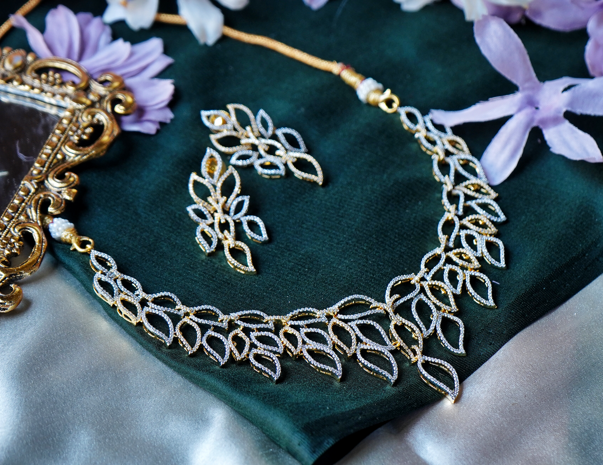 Beautiful CZ Leaves Designer Necklace set - Chaandi Rivaaz