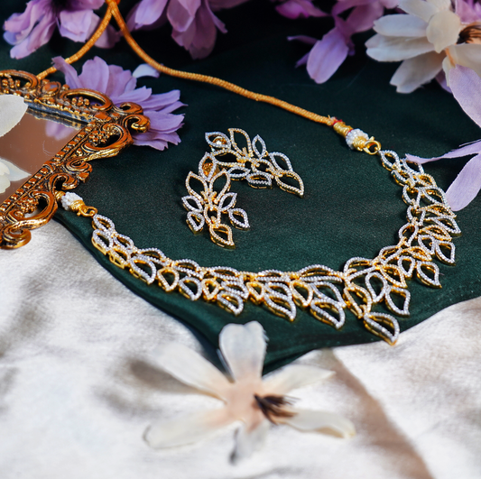 Beautiful CZ Leaves Designer Necklace set - Chaandi Rivaaz