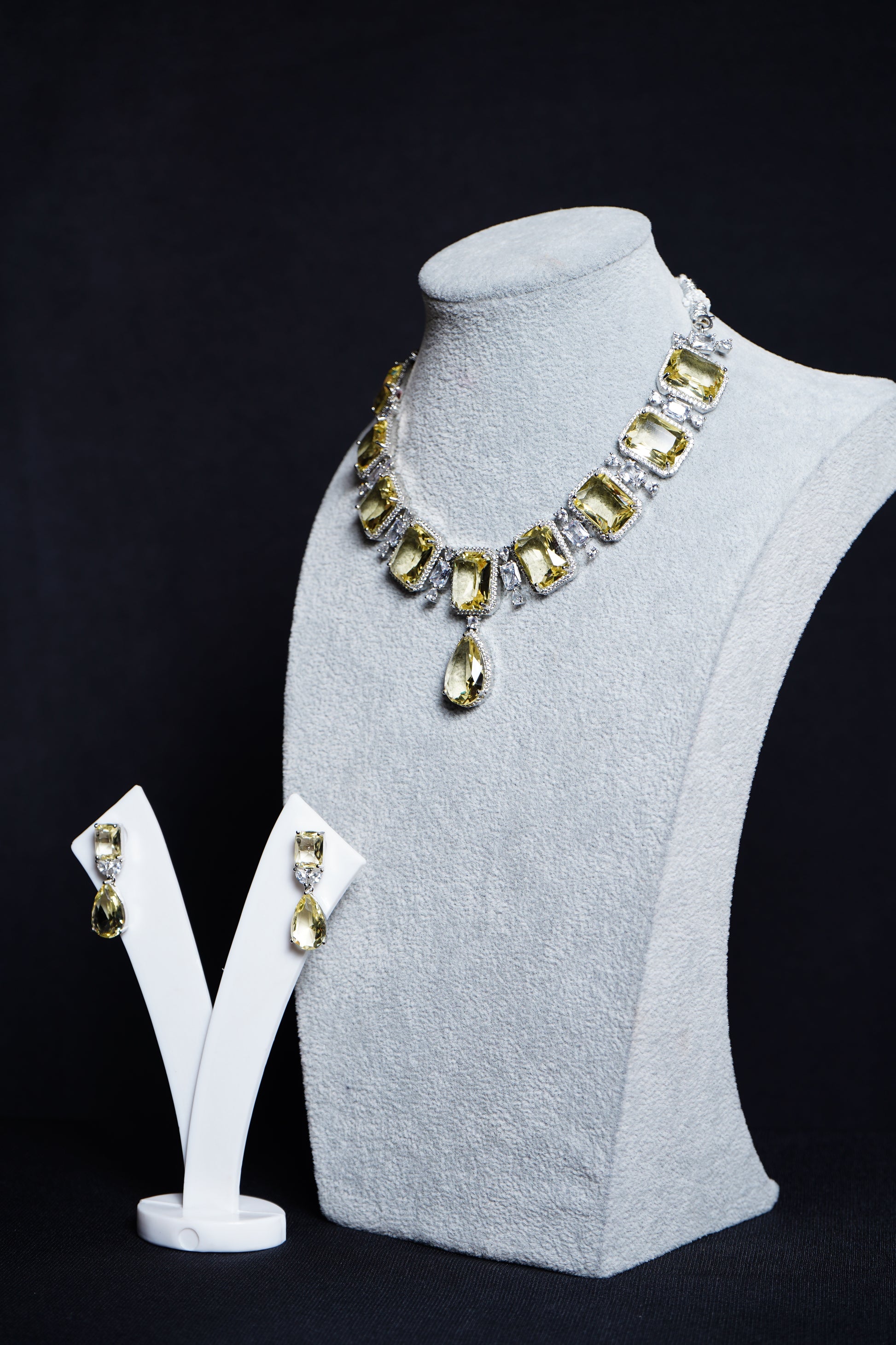 Yellow crystal CZ Designer Necklace set - Chaandi Rivaaz