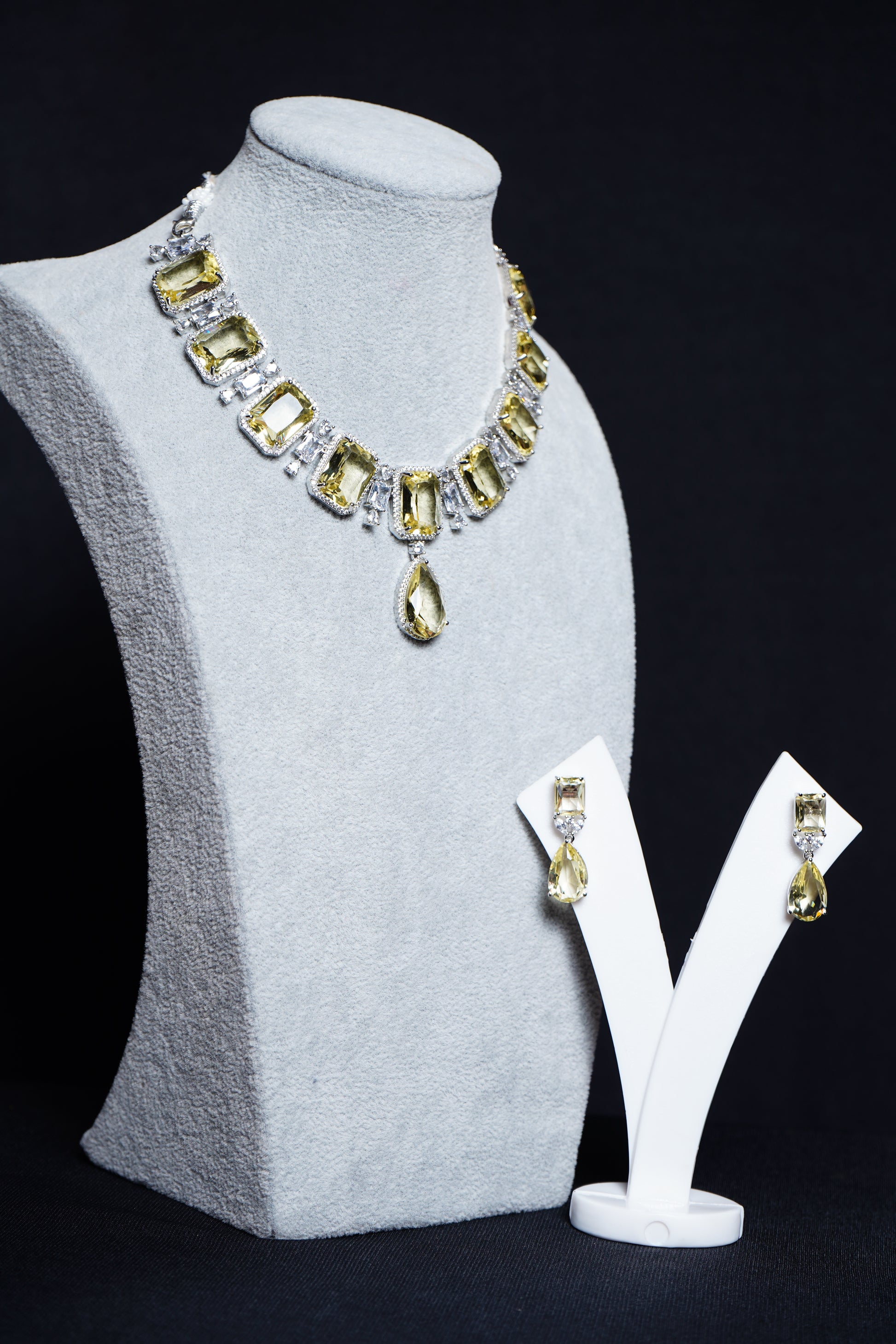 Yellow crystal CZ Designer Necklace set - Chaandi Rivaaz