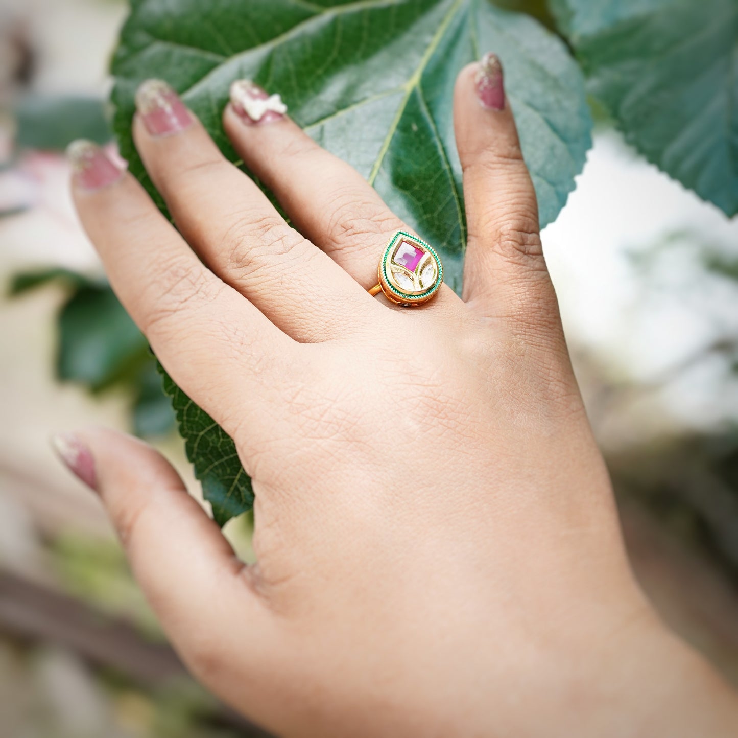 Diya’s Leaf Designer Kundan Rings - Chaandi Rivaaz