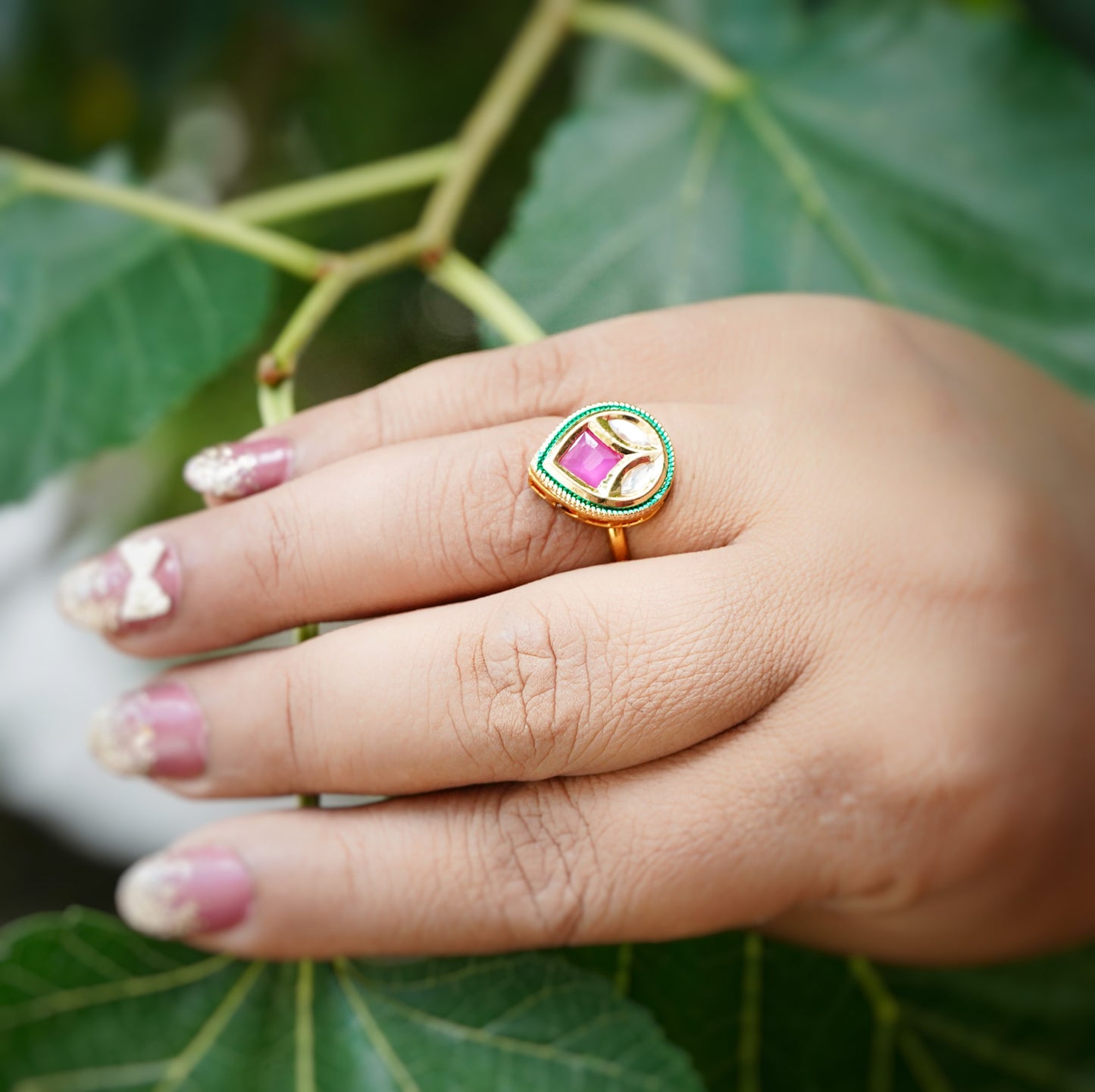 Diya’s Leaf Designer Kundan Rings - Chaandi Rivaaz