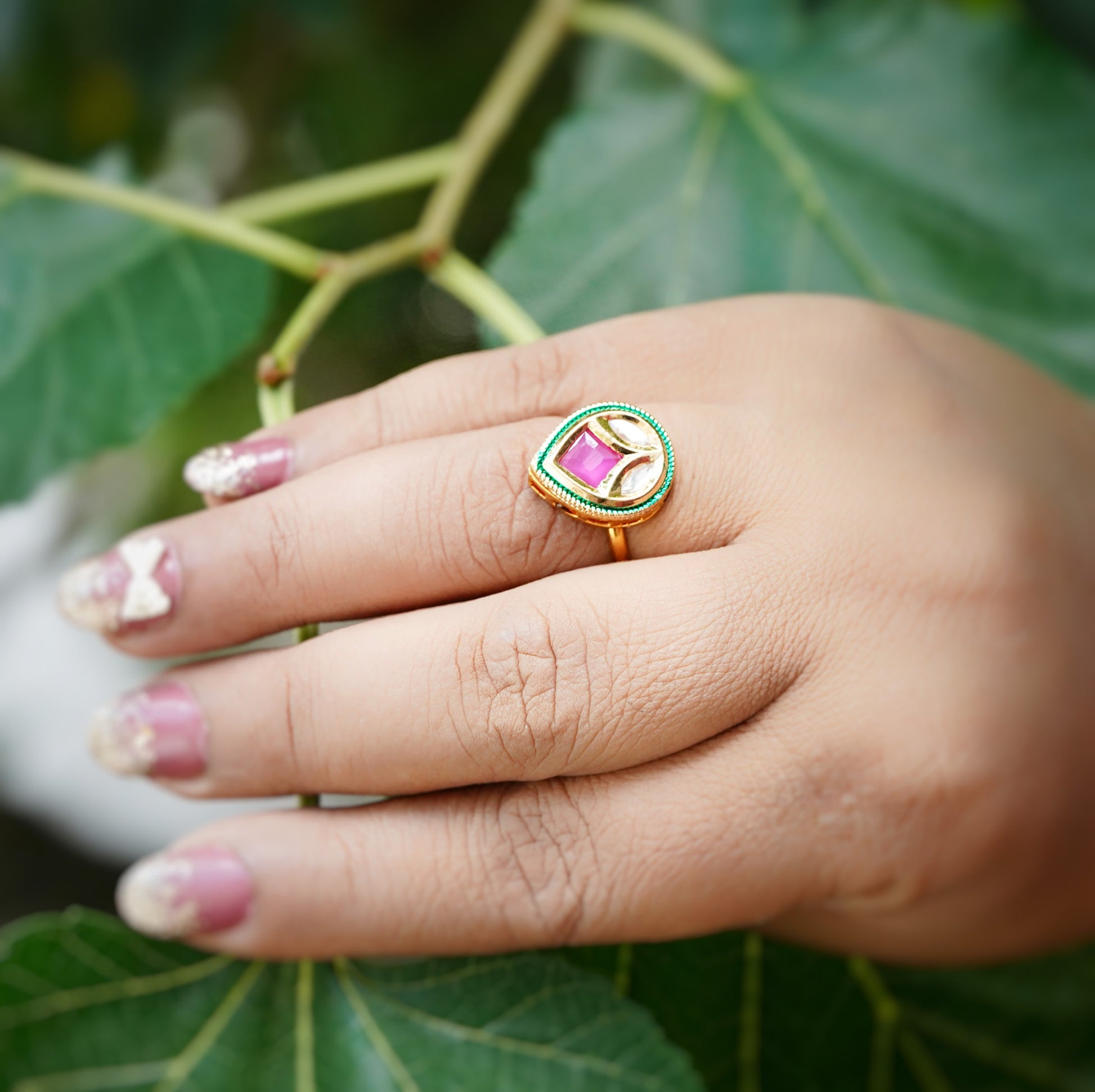 Diya’s Leaf Designer Kundan Rings - Chaandi Rivaaz