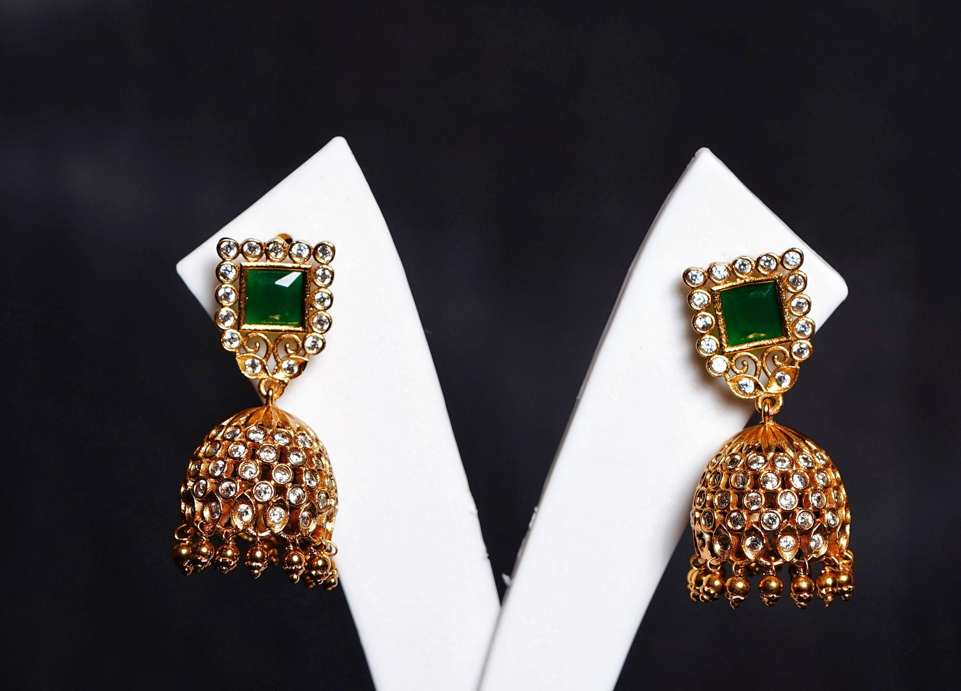 Heena Green CZ Designer Jhumkas - Chaandi Rivaaz