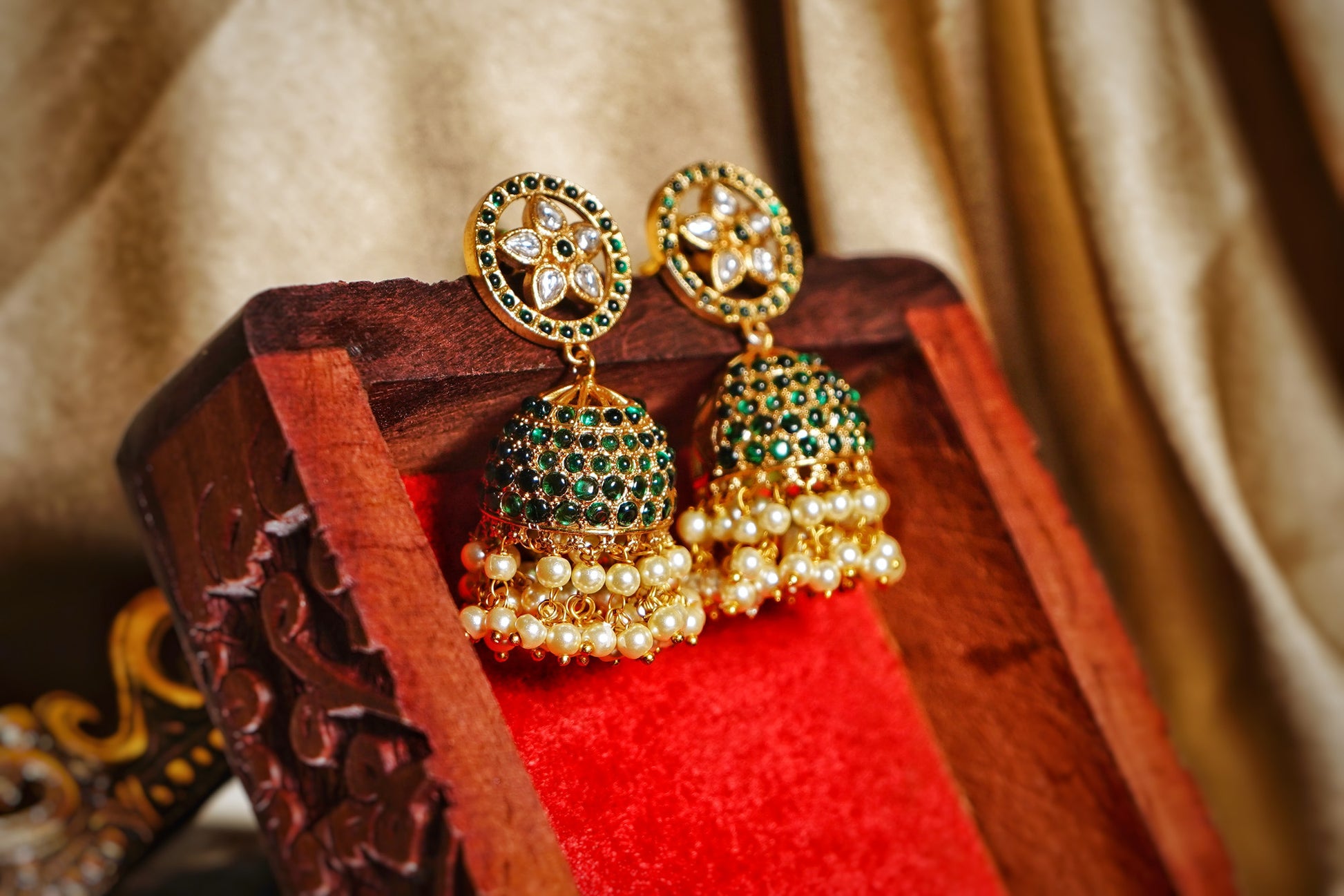 Hiba Green Pearl Designer Jhumkas - Chaandi Rivaaz