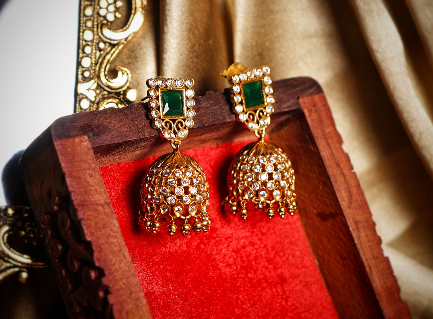Heena Green CZ Designer Jhumkas - Chaandi Rivaaz