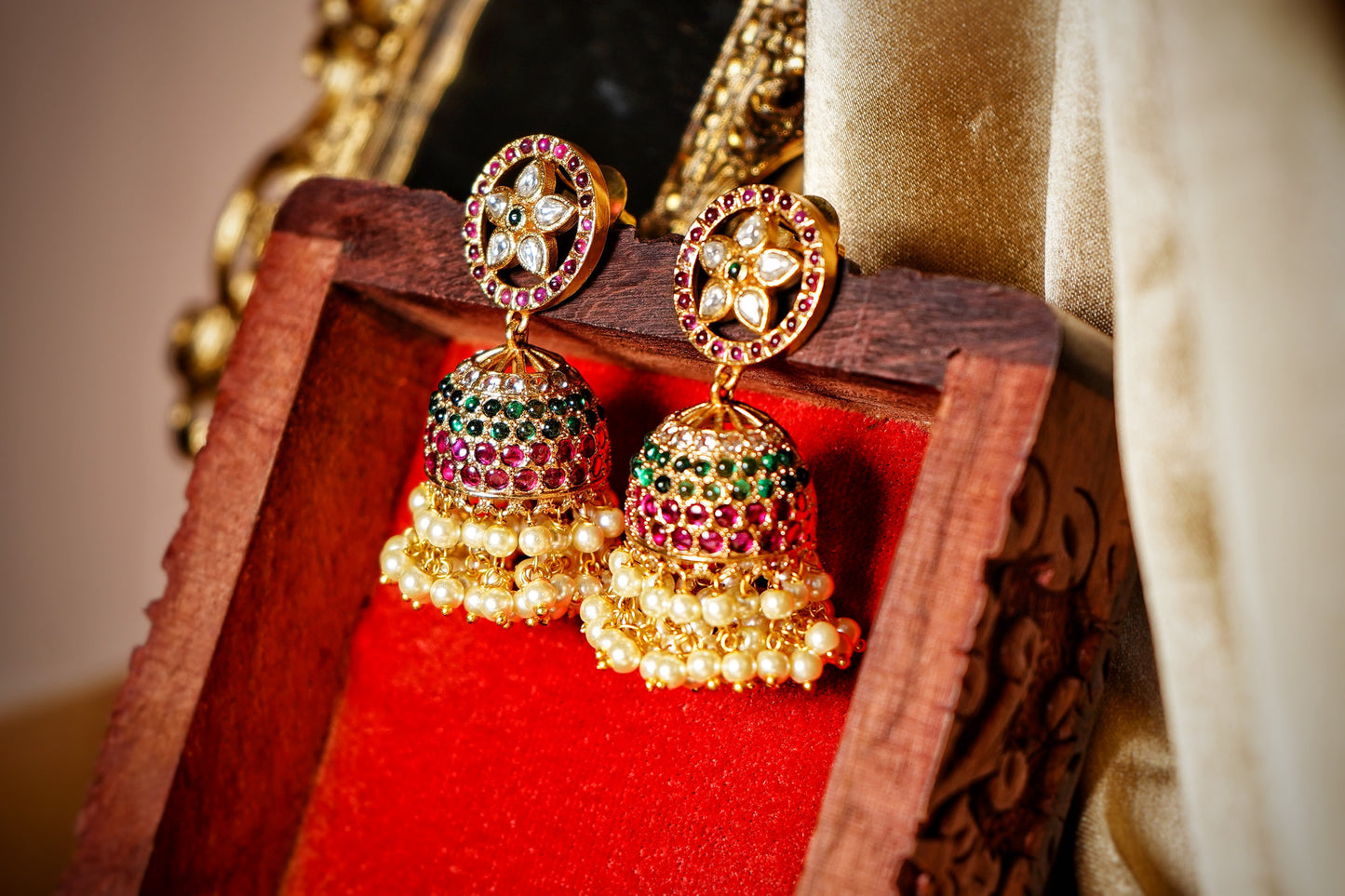 Hiba Green Pearl Designer Jhumkas - Chaandi Rivaaz