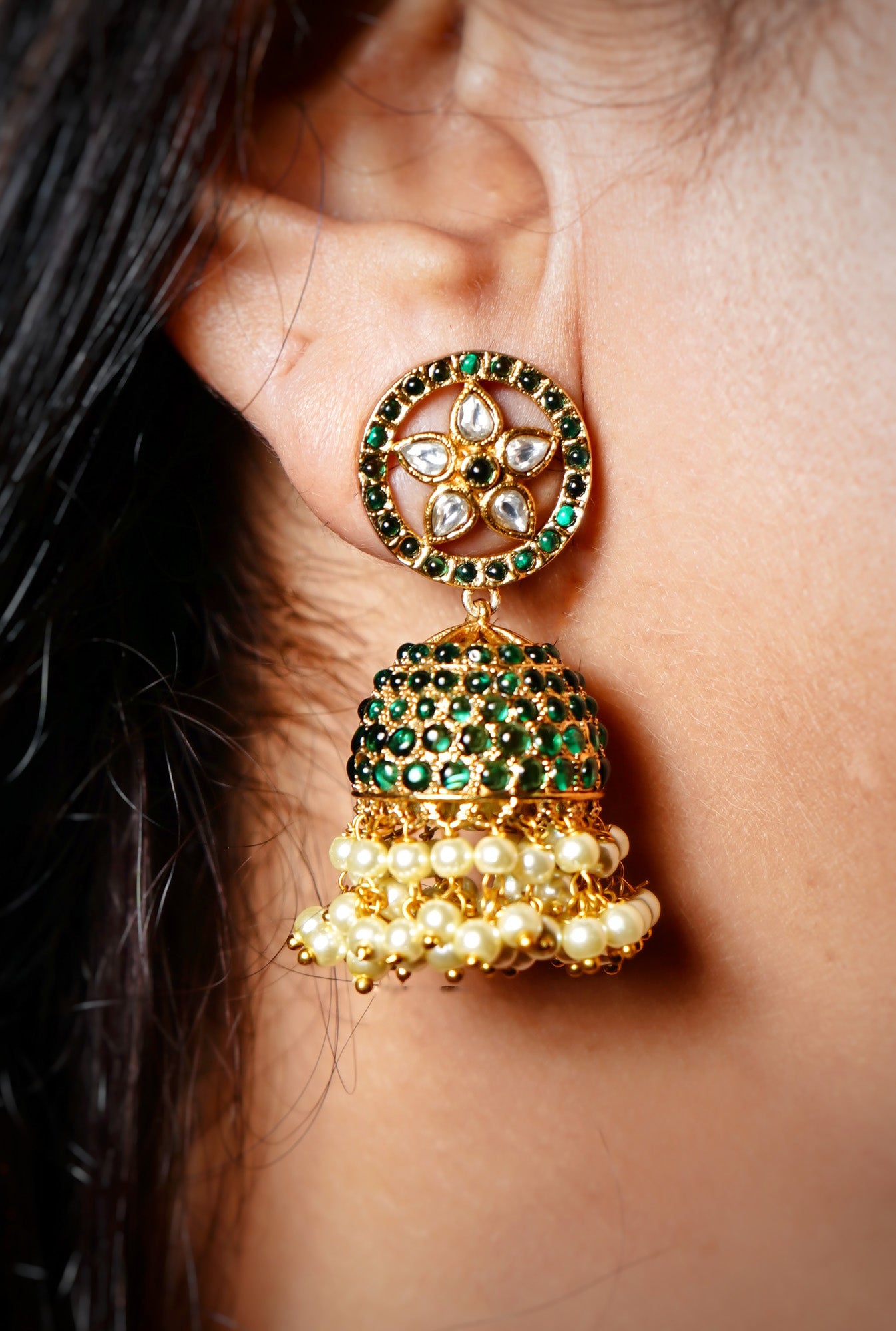 Hiba Green Pearl Designer Jhumkas - Chaandi Rivaaz