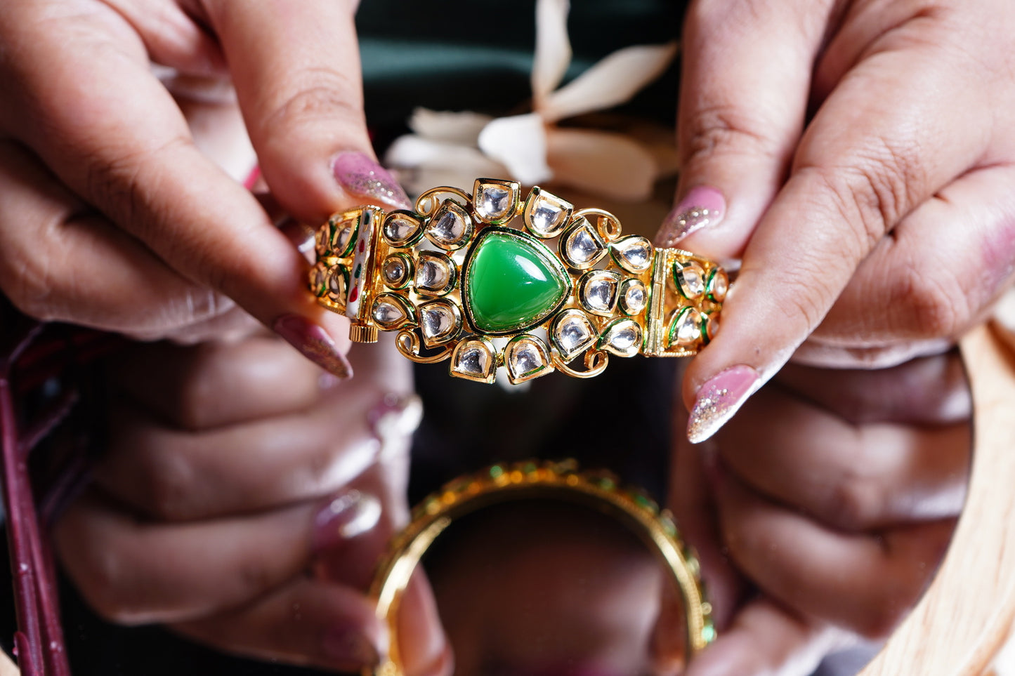 Esha ’s Triangle shaped Kundan Bracelets - Chaandi Rivaaz