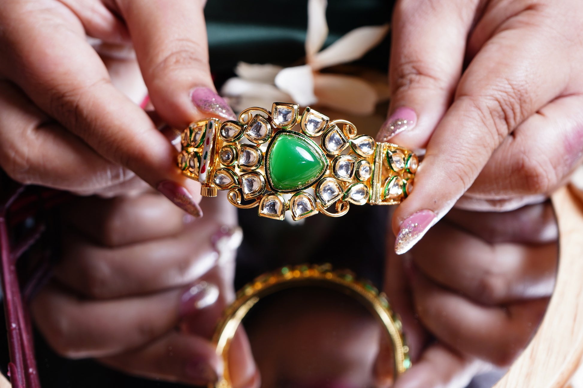 Esha ’s Triangle shaped Kundan Bracelets - Chaandi Rivaaz