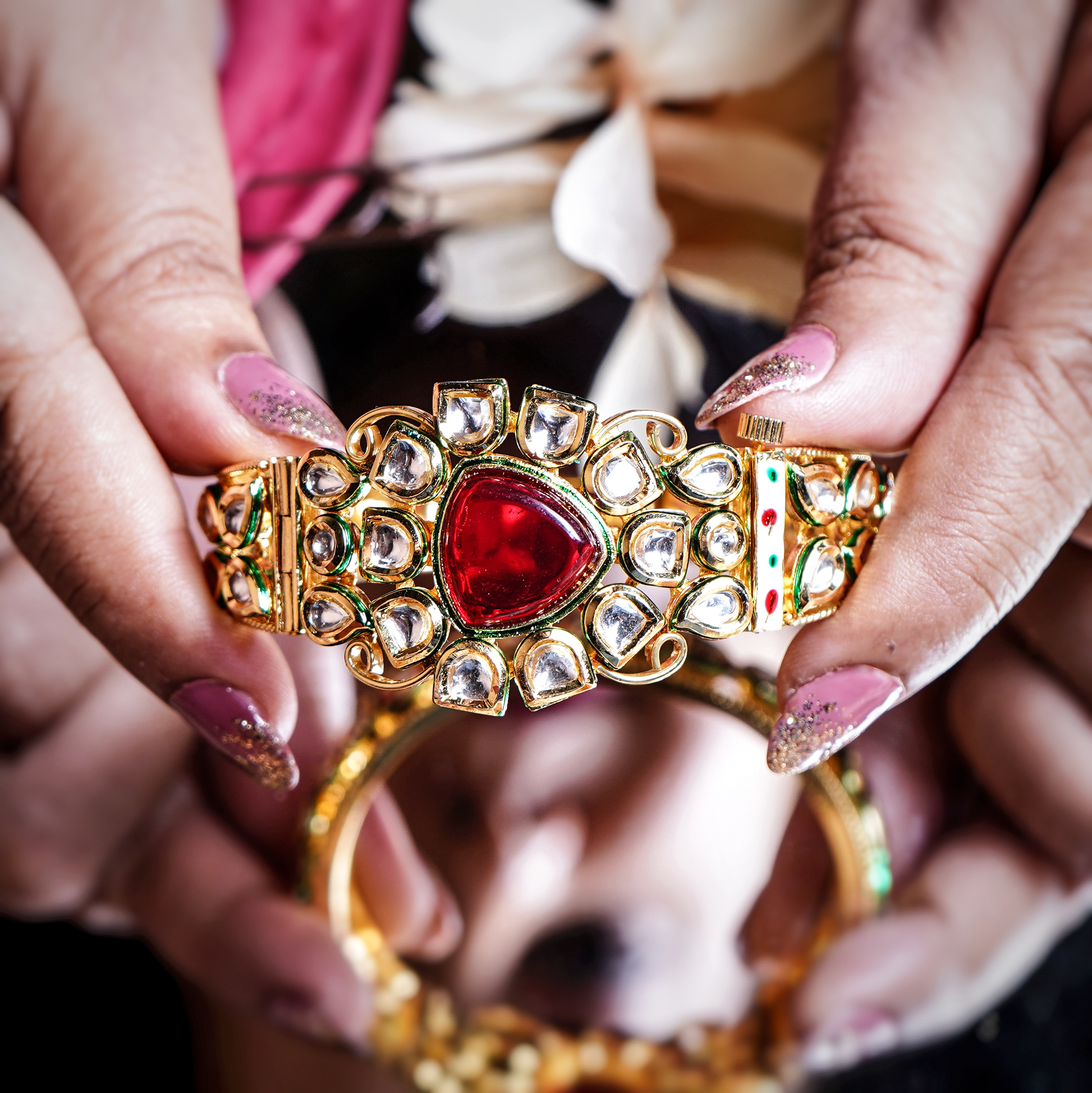 Esha ’s Triangle shaped Kundan Bracelets - Chaandi Rivaaz