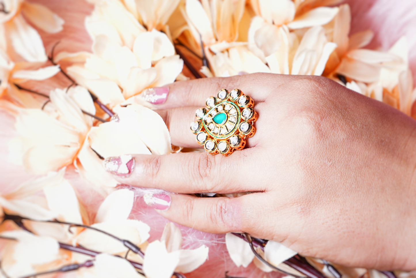 Ella’s Emerald Kundan Cocktail Rings - Chaandi Rivaaz