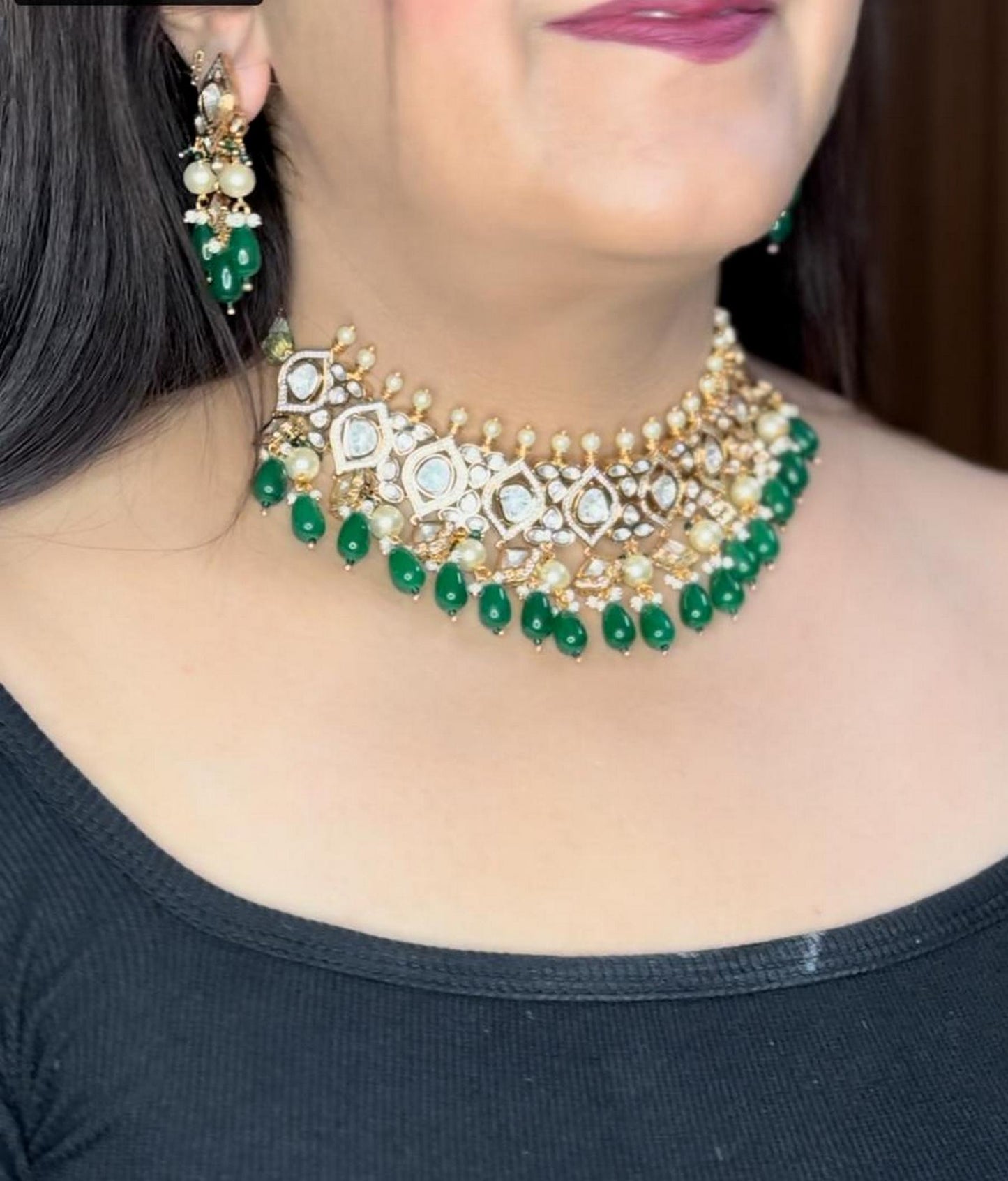 Preety’s Emerald Polki Necklace set - Chaandi Rivaaz
