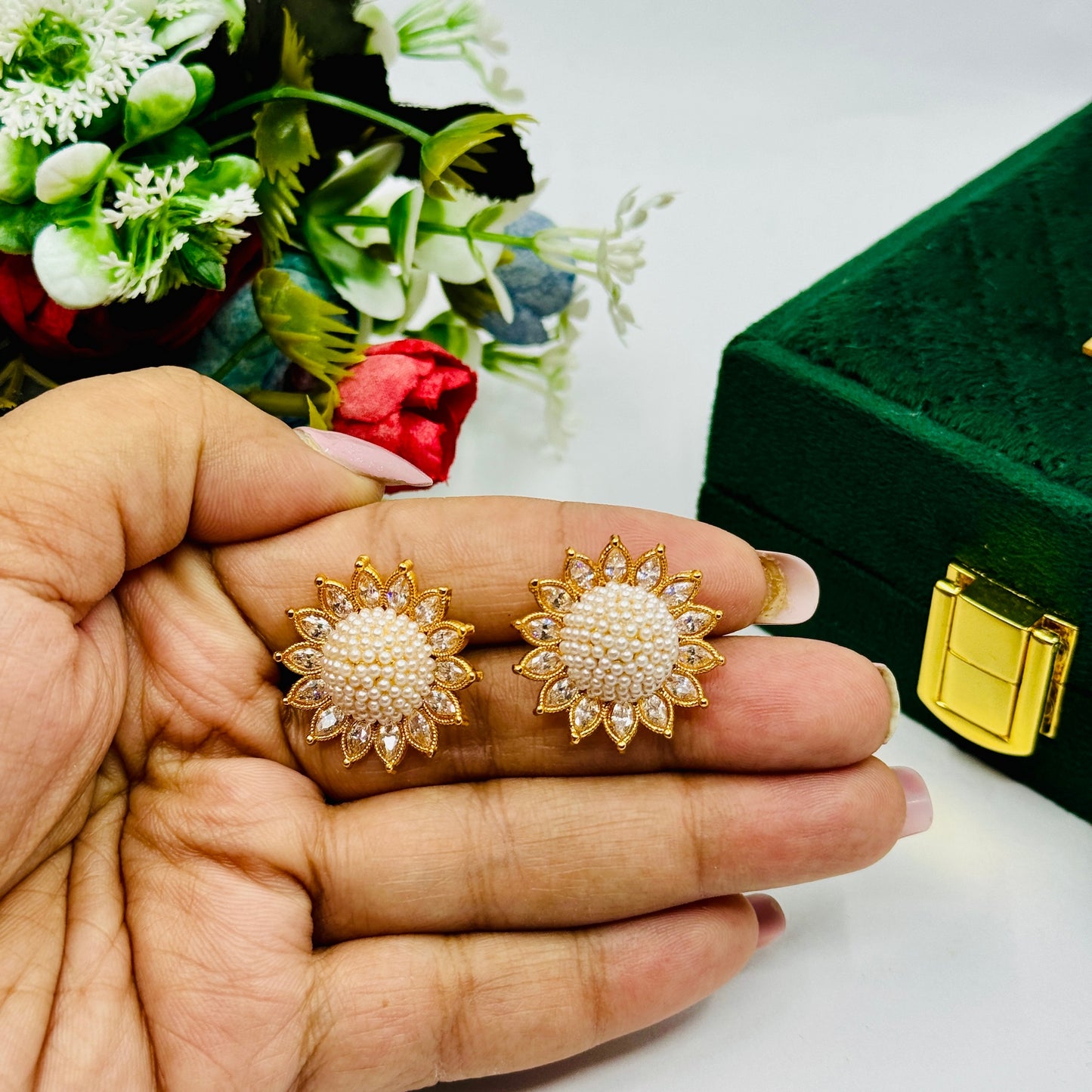 Flower Designer Pearl Earrings - Chaandi Rivaaz