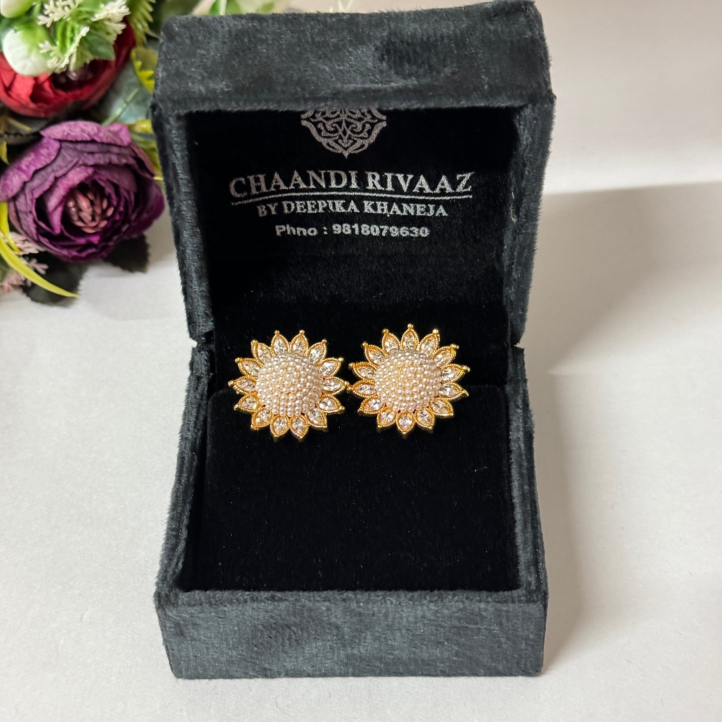Flower Designer Pearl Earrings - Chaandi Rivaaz