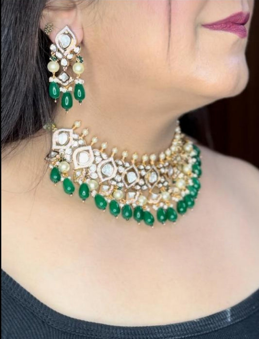 Preety’s Emerald Polki Necklace set - Chaandi Rivaaz