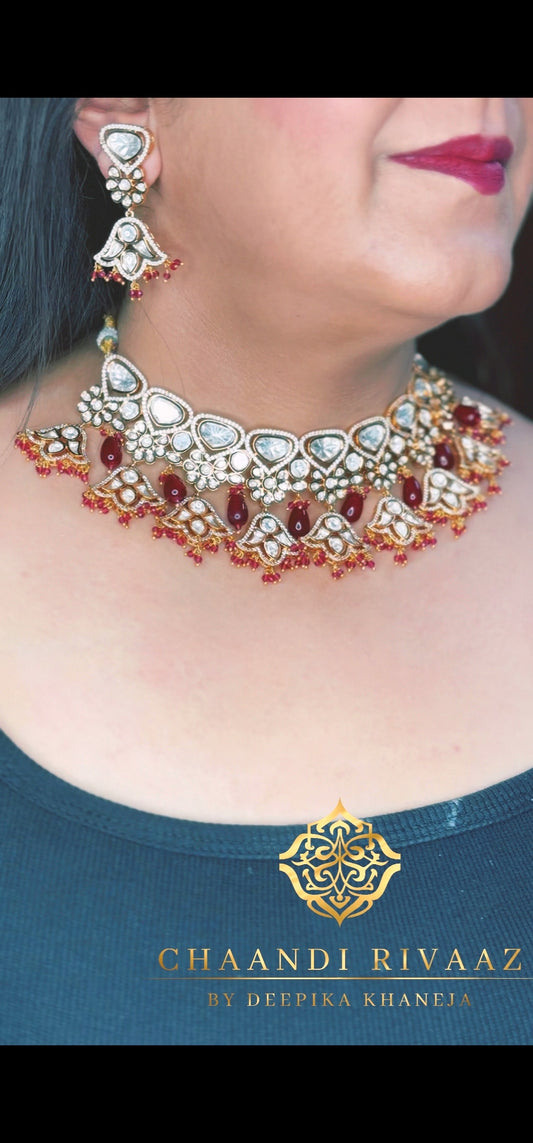 Ruby Polki Designer Necklace set - Chaandi Rivaaz